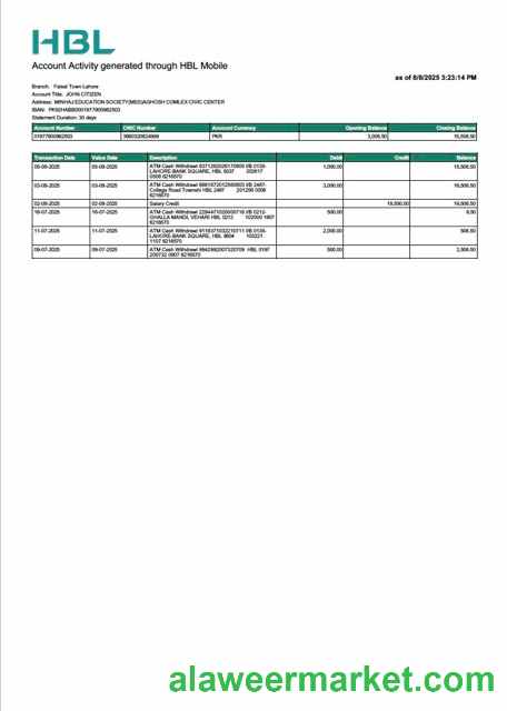 Pakistan HBL account statement Word and PDF template
